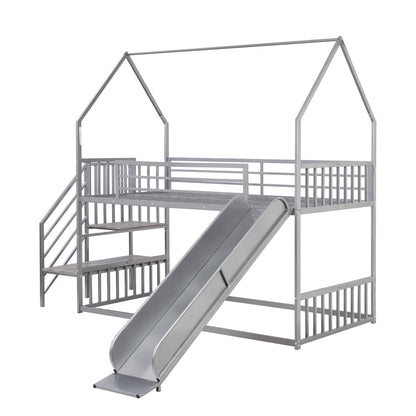 Twin Over Twin Metal Bunk Bed House Bed With Slide And Staircase - Silver