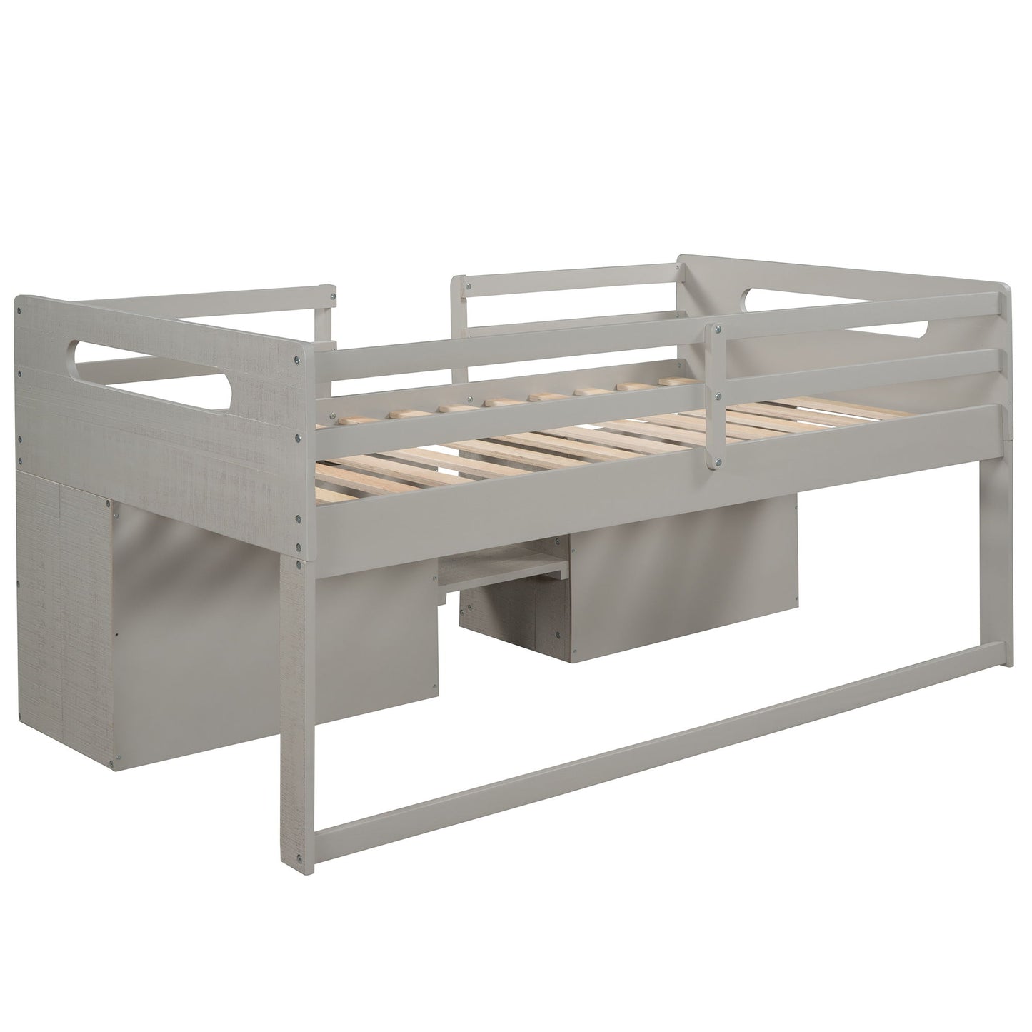 Twin Size Loft Bed With Two Shelves And Two Drawers - Antique Gray