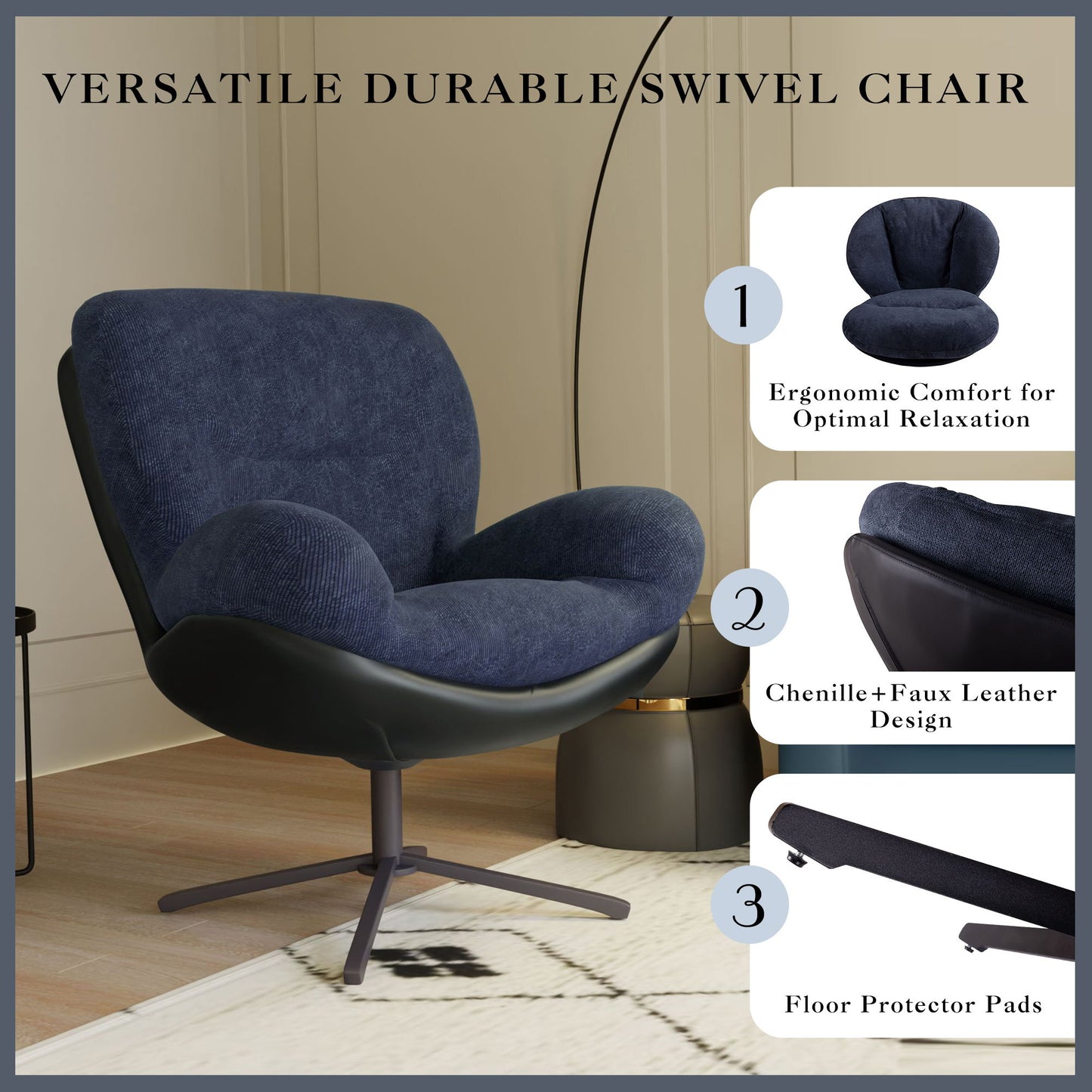 360ÔøΩÔøΩ Swivel Office Chair, Modern Chenille Chair With And Metal Base Frame, No Wheels, Accent Chair - Dark Blue