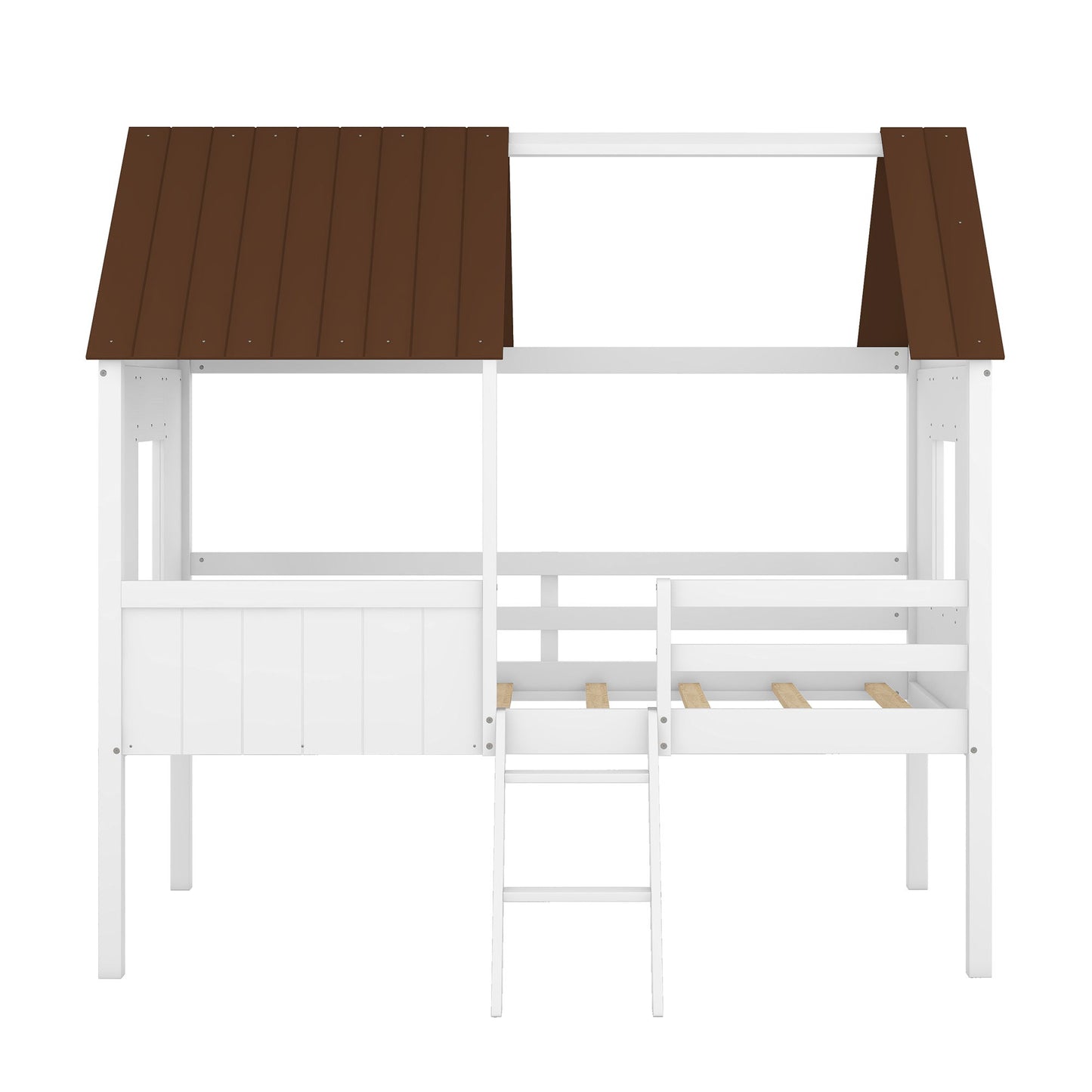 Twin Size Low Loft House Bed With Two Side Windows - White / Brown