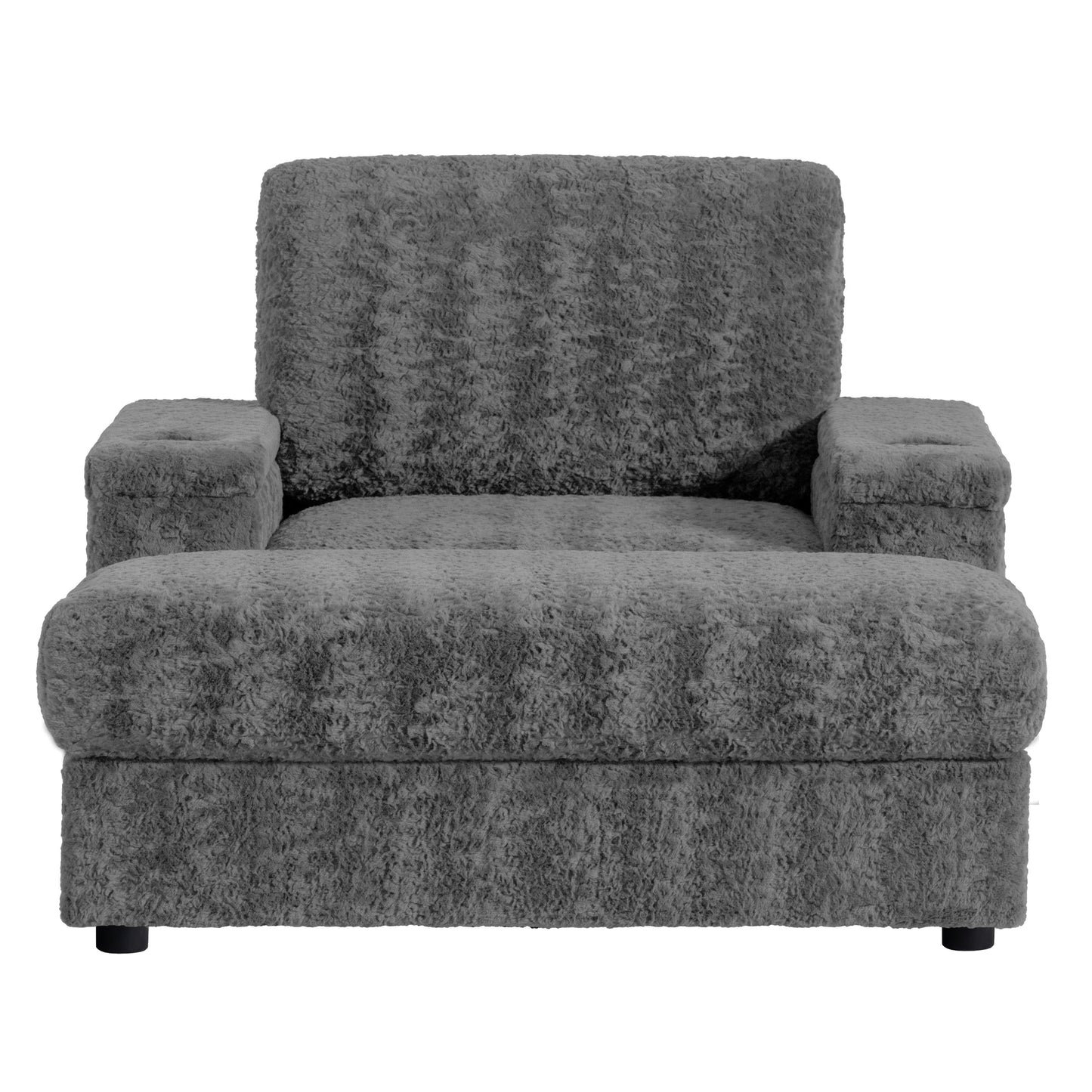 Oversized Chaise Lounge Indoor Rabbit Fur Sofa Bed With Storage Ottoman And Armrests Cup Holders With Deep Seat - Gray