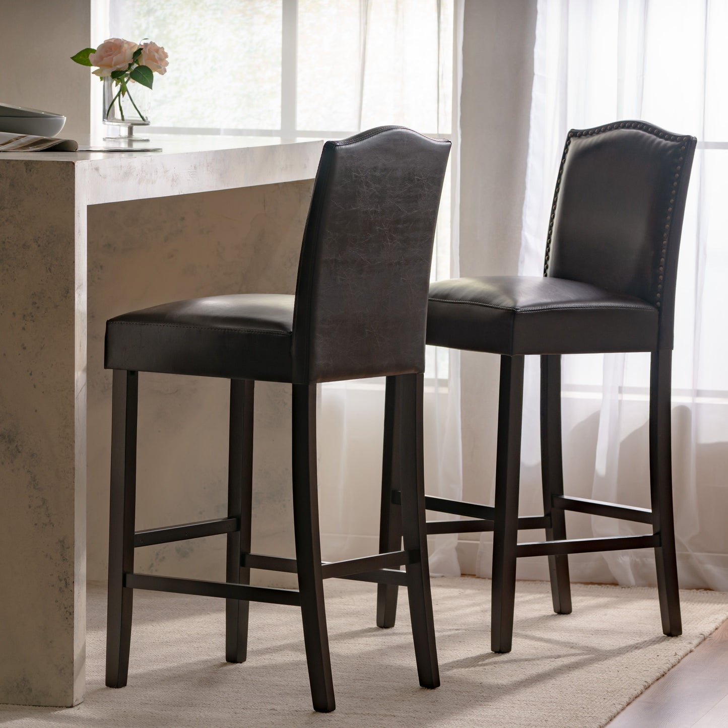 Bar Stools (Set of 2), Upholstered Barstools Armless, Rubber Wood Leg - Brown