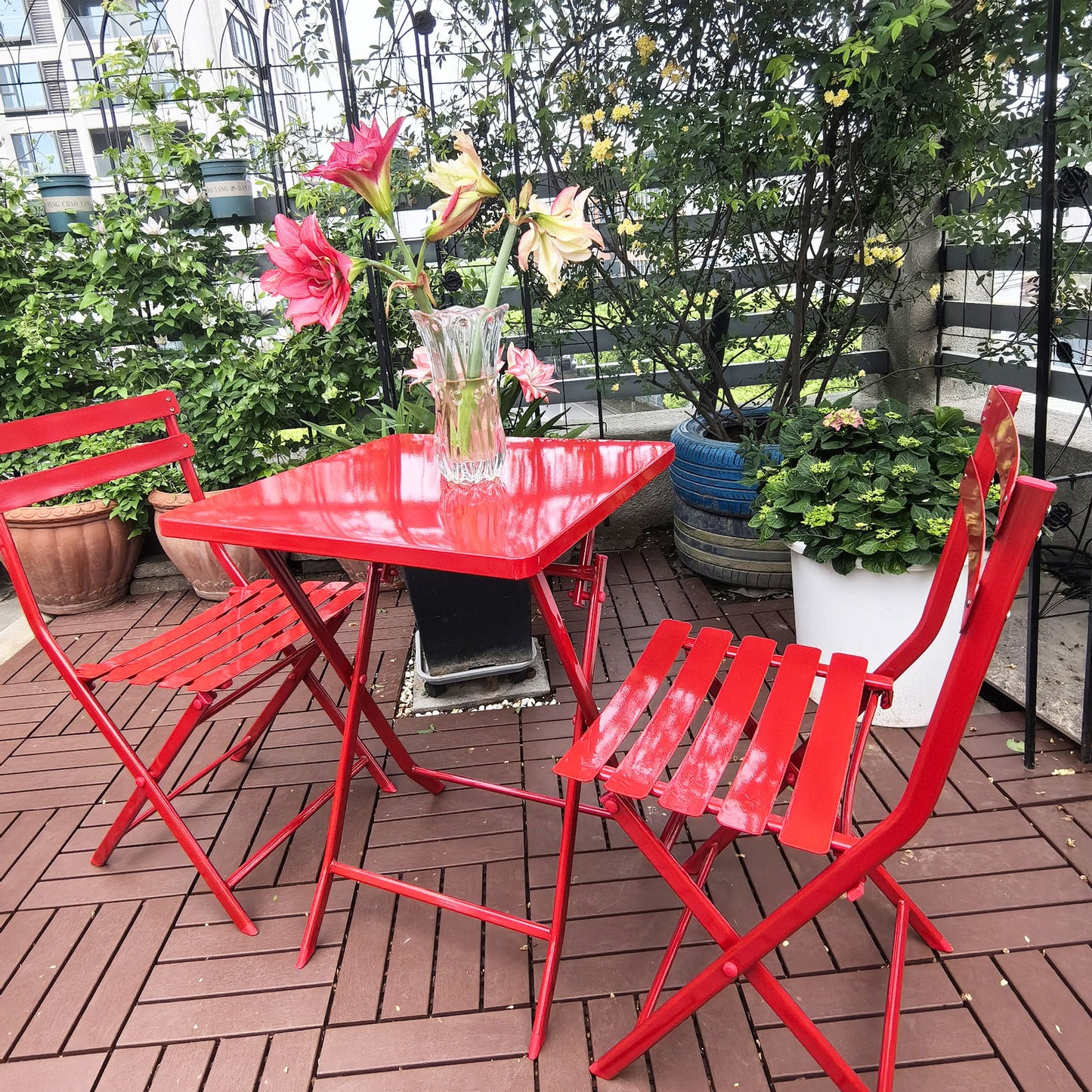 3 Piece Patio Bistro Set Of Foldable Square Table And Chairs - Red