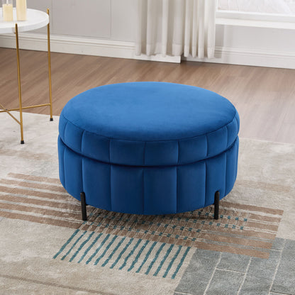 Upholstered Round Ottoman With Reversible Lid, Velvet Storage Stool, Channel Tufted Pumpkin Shape Footstool For Living Room, Bedroom And Office - Navy