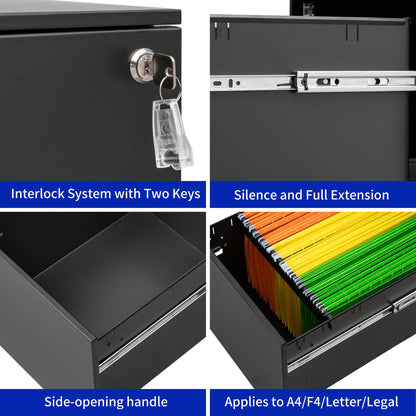 2 Drawer Mobile File Cabinet With Lock Steel File Cabinet For Legal / Letter / A4 / F4 Size/ Home / Office Design - Black