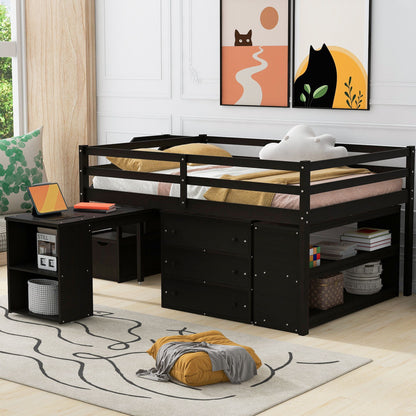 Full Size Loft Bed With Retractable Writing Desk And 3 Drawers With Storage Stairs And Shelves - Espresso