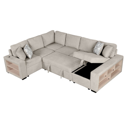 U-Shaped Sectional Sofa Pull-Out Sofa Bed With Two USB Ports, A Storage Chaise Lounge And Four Back Pillows For Living Room - Beige