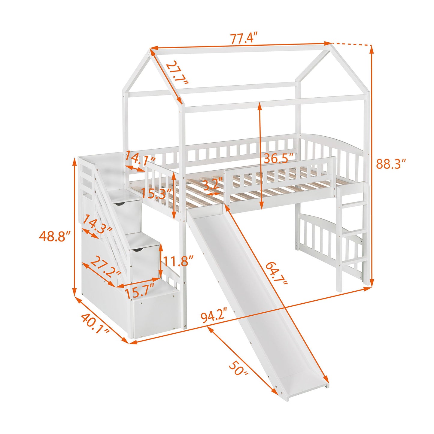 Twin Loft House Bed With 2 Drawers And Slide - White