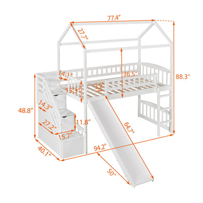 Twin Loft House Bed With 2 Drawers And Slide - White