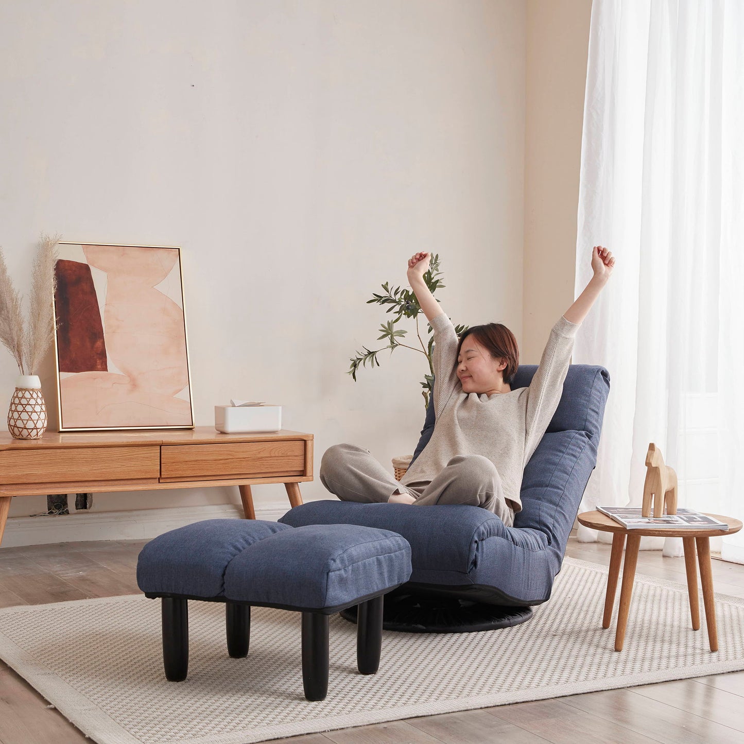 Adjustable Japanese Reclining Floor Chair Sofa With Metal Frame For Living Room & Balcony - Navy