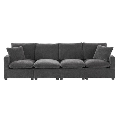 Modern Modular Sofa, 4 Seat Chenille Sectional Couch Set With 2 Pillows Included, Freely Combinable Indoor Funiture - Black / Gray