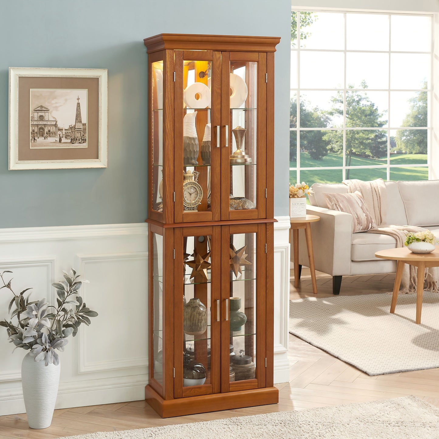 Curio Cabinet Lighted Curio Diapaly Cabinet With Adjustable Shelves And Mirrored Back Panel, Tempered Glass Doors (6 Tier), (E26 Light Bulb Not Included) - Oak