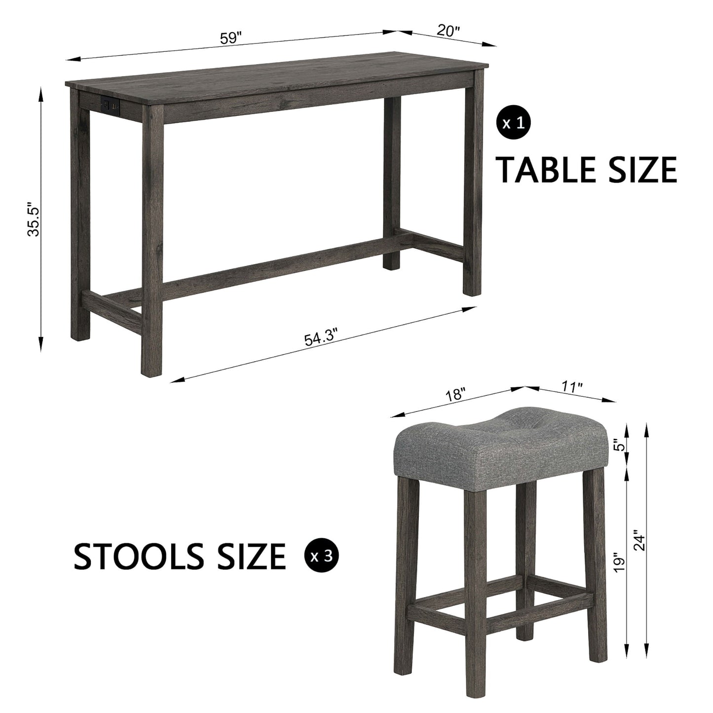 4 Piece Bar Table Set With Power Outlet, Bar Table Set With Chairs, Sofa Bar Table With Stools, Behind Couch Table With 3 Padded Stools, For Living Room, Dining Room - Dark Gray