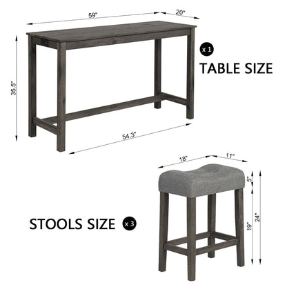 4 Piece Bar Table Set With Power Outlet, Bar Table Set With Chairs, Sofa Bar Table With Stools, Behind Couch Table With 3 Padded Stools, For Living Room, Dining Room - Dark Gray