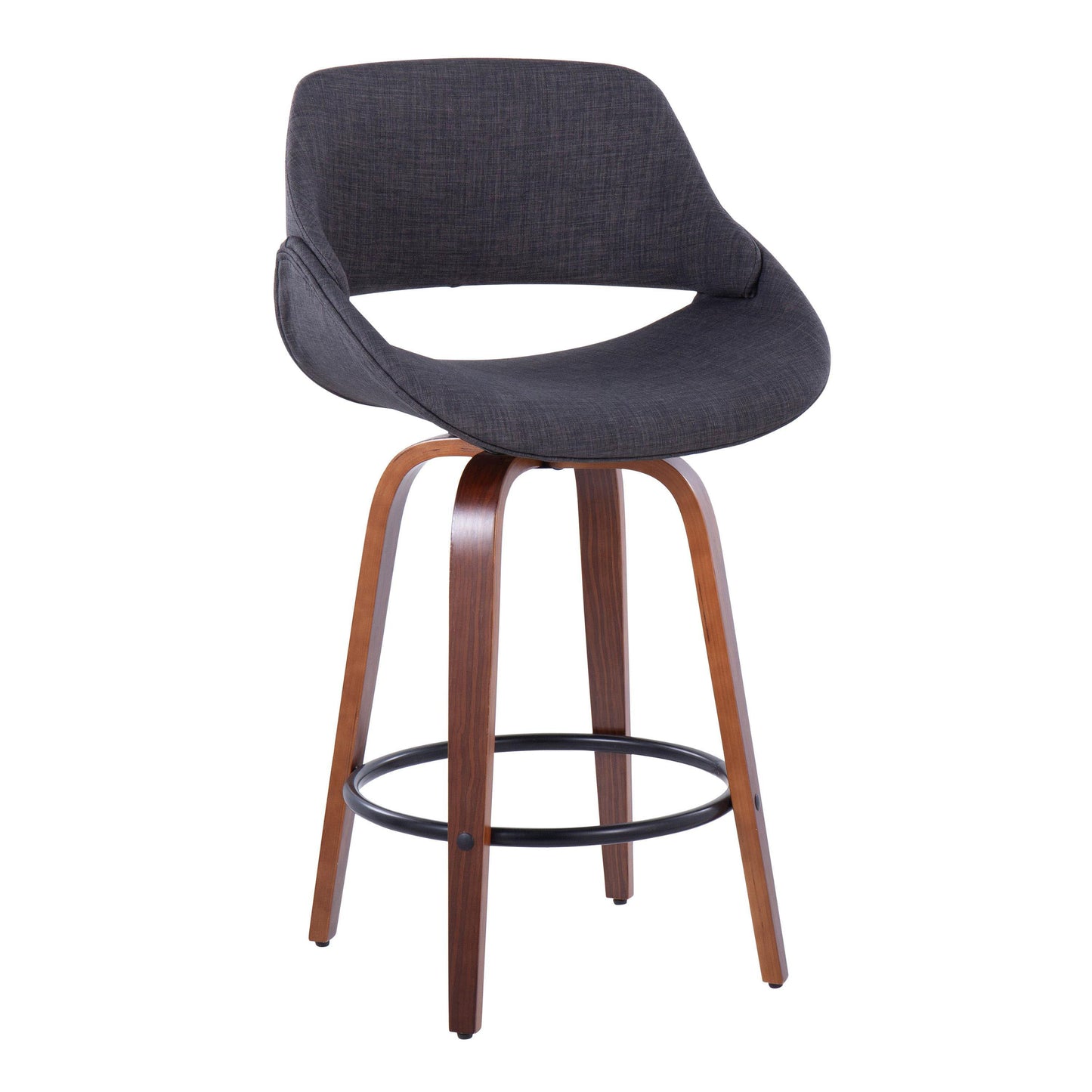 Fabrico - Mid-Century Modern Fixed Height Counter Stool & Round Footrest (Set of 2) - Walnut / Charcoal