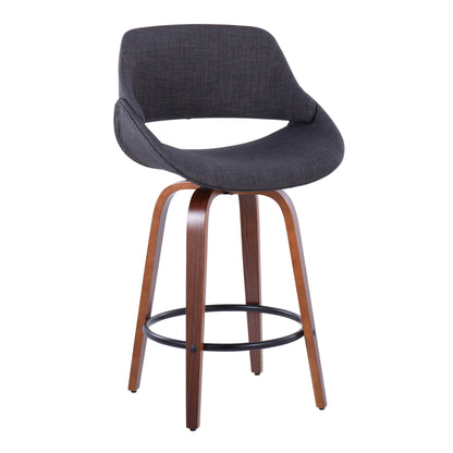 Fabrico - Mid-Century Modern Fixed Height Counter Stool & Round Footrest (Set of 2) - Walnut / Charcoal