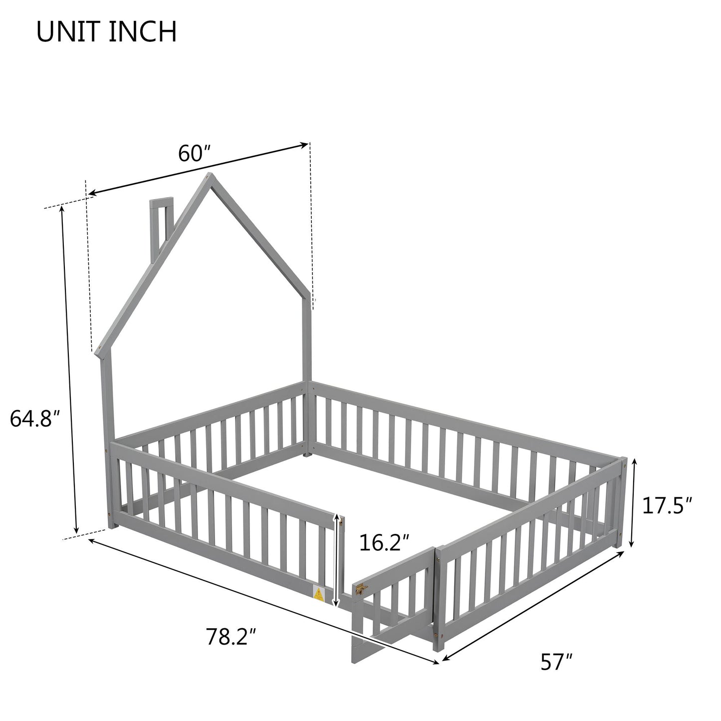 Full House-Shaped Headboard Floor Bed With Fence - Gray