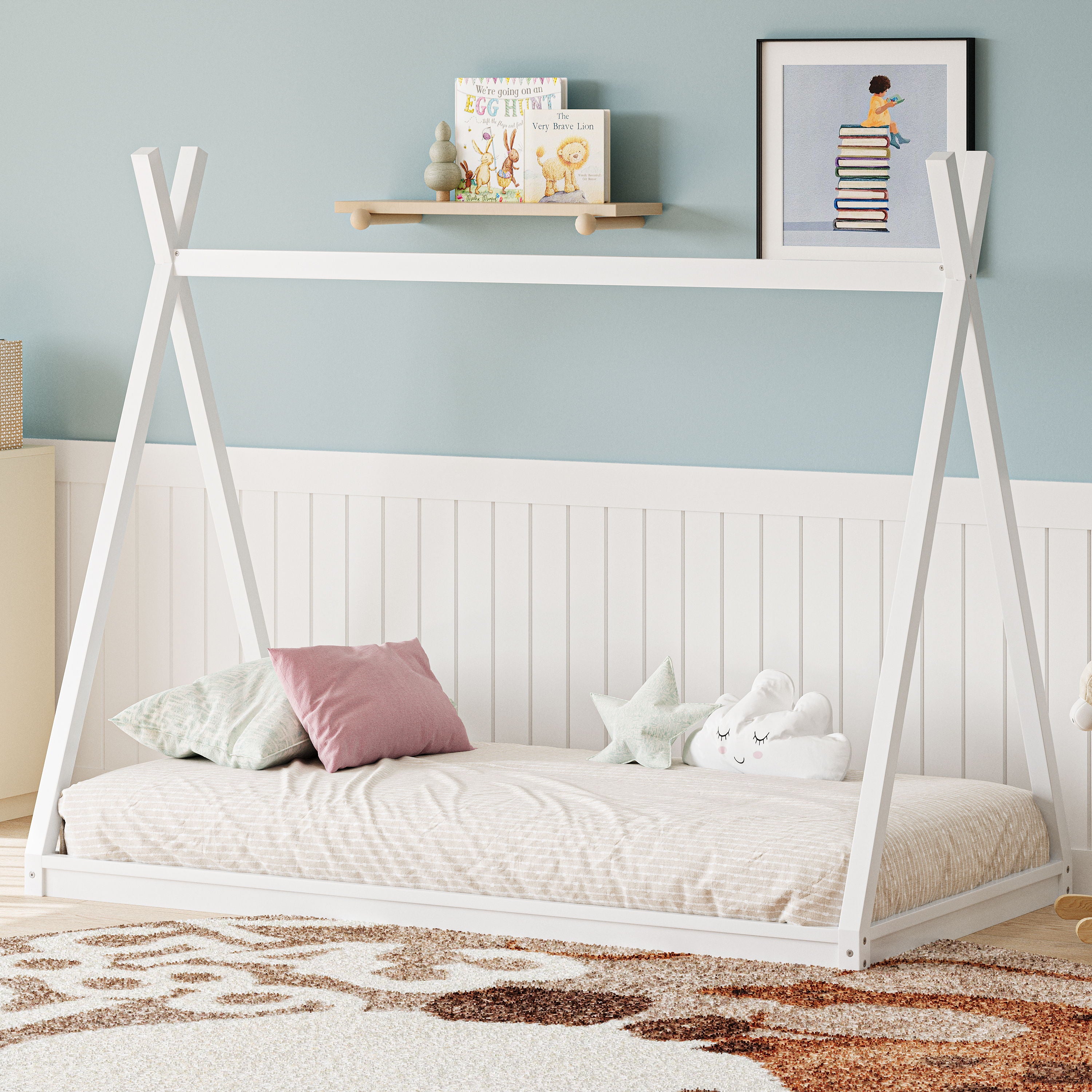 Wood Twin Size Tent Bed For Kids, Montessori Style Low - Floor Bed, House-Shape Tent Bed Frame For Boys Girls Teens, Without Slats - White