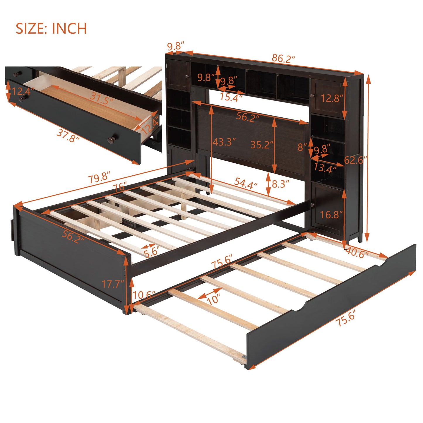 Full Size Bed With All In One Cabinet, Shelf And Sockets, Twin Size Trundle - Espresso
