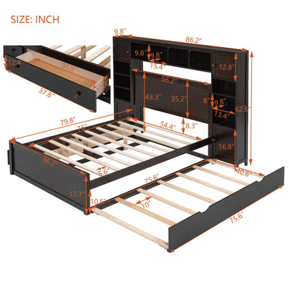 Full Size Bed With All In One Cabinet, Shelf And Sockets, Twin Size Trundle - Espresso
