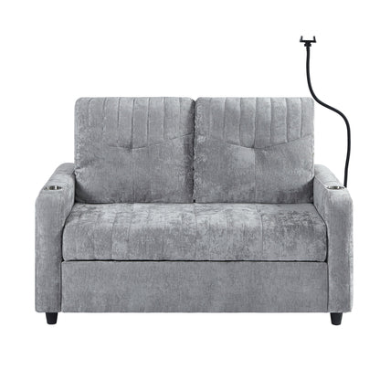 Modern Loveseat Pull Out Sofa Bed With Adjustable Backrest, Two Cup Holders, A Phone Holder, Three Charging Ports And Side Storage Pockets For Living Room - Gray