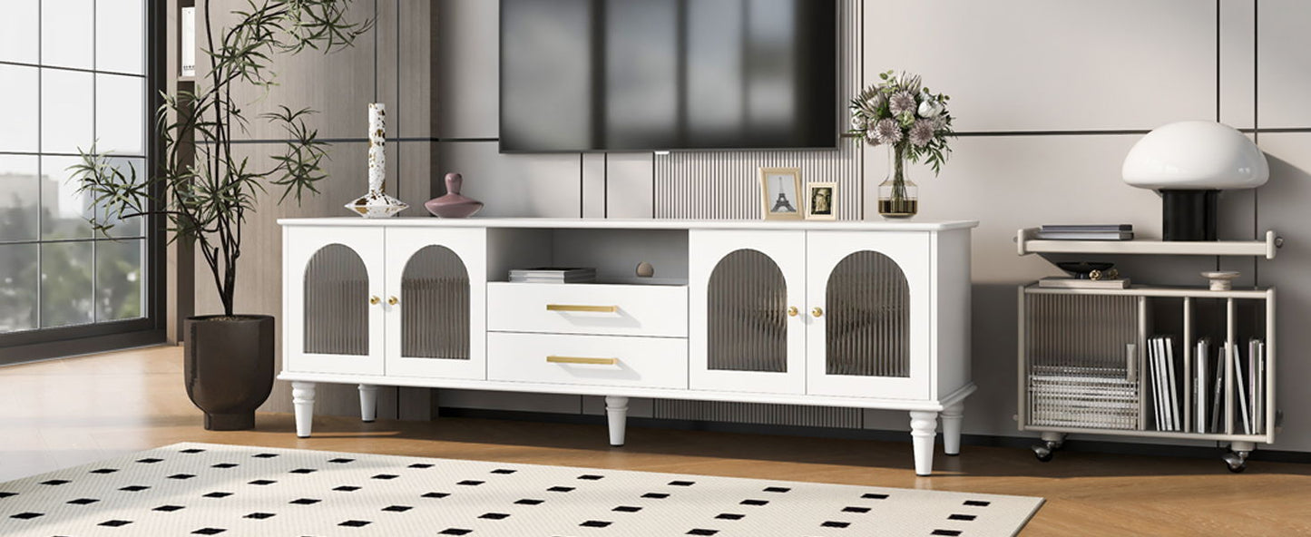 Retro TV Stand For TVs Up To 75", Entertainment Center Media Console With Fluted Glass Doors And 5 Solid Wood Legs For Living Room - White