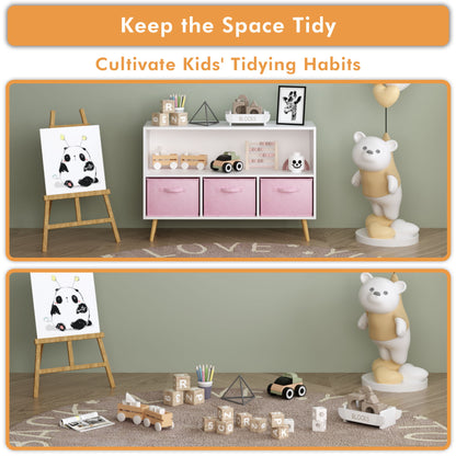 Kids Bookcase With Collapsible Fabric Drawers, Children's Book Display, Toy Storage Cabinet Organizer - White / Pink
