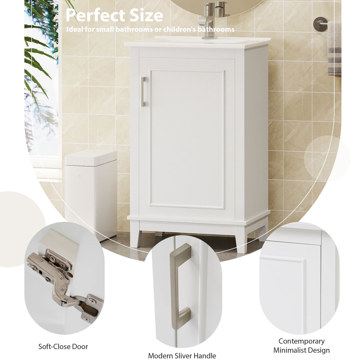 Modern Small Bathroom Vanity Cabinet With Ceramic Basin, Ample Storage, 1 Soft-Close Door - White