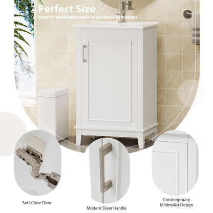 Modern Small Bathroom Vanity Cabinet With Ceramic Basin, Ample Storage, 1 Soft-Close Door - White