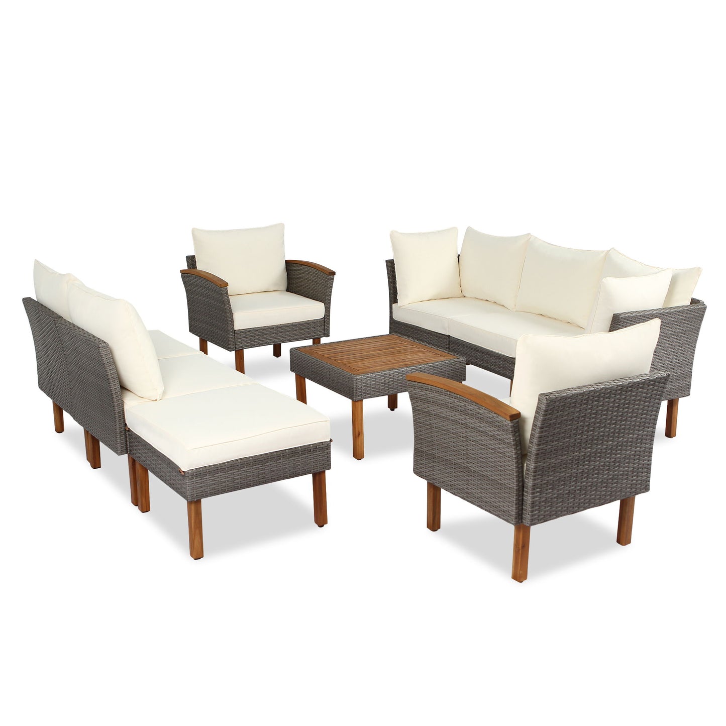 9 Piece Patio Rattan Furniture Set, Outdoor Conversation Set With Acacia Wood Legs And Tabletop, PE Rattan Sectional Sofa Set With Coffee Table, Washable Cushion - Beige