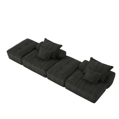 Modern Oversized Modular Sectional Sofa With 2 Ottoman And 2 Seat, Sparkling Chenille Fabric Soft Cushion Sofa With 4 Pillows, 4 Pieces Diy Combination Tufted Sofa, No Assembly Required - Black