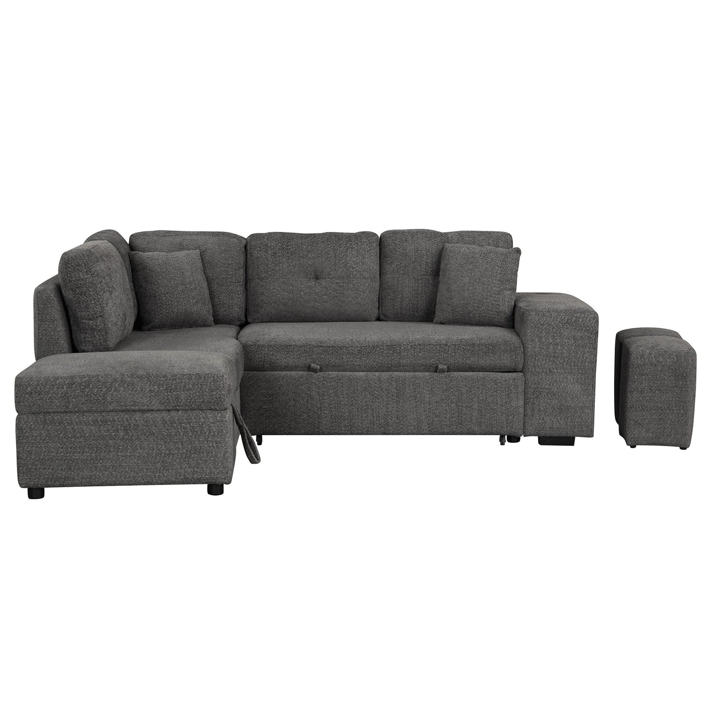 Convertible Sleeper, Sectional Pull Out Sofa Bed With Storage Ottoman, 2 Throw Pillows, 2 Stools, Wireless Charger And Two Hidden USB Ports For Living Room - Dark Gray