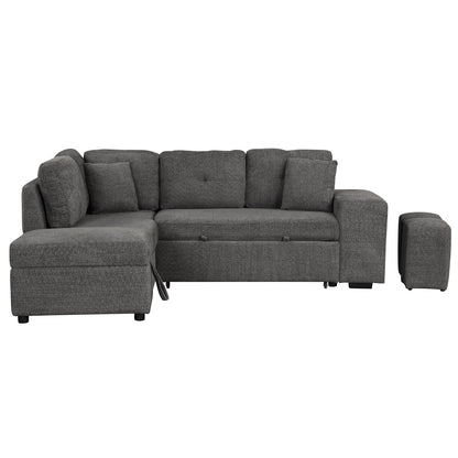 Convertible Sleeper, Sectional Pull Out Sofa Bed With Storage Ottoman, 2 Throw Pillows, 2 Stools, Wireless Charger And Two Hidden USB Ports For Living Room - Dark Gray