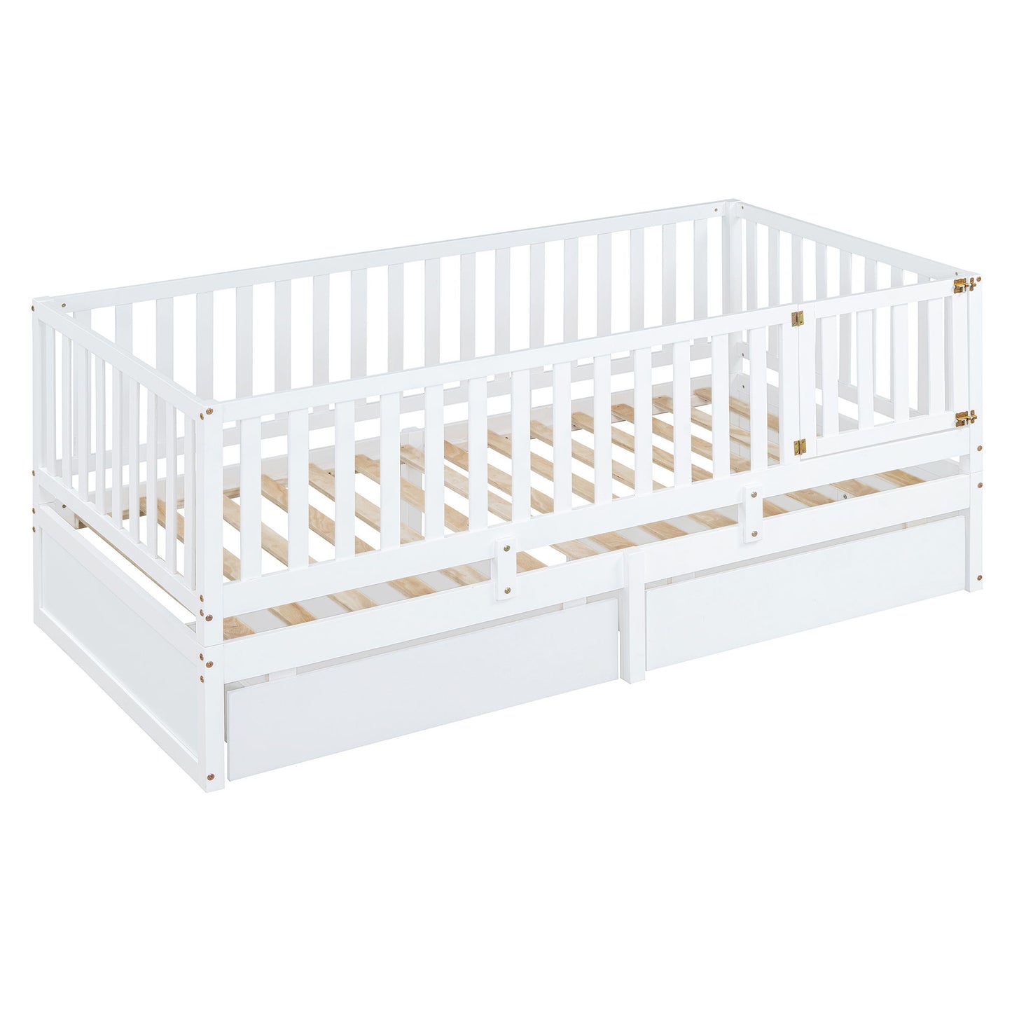 Twin Size Daybed With Fence Guardrails And 2 Drawers, Split Into Independent Floor Bed & Daybed - White