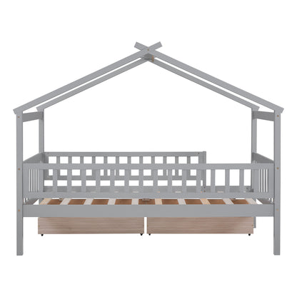 Twin Size House Bed With 2 Drawers - Gray