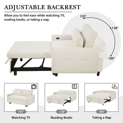 Pull Out Sofa Bed Convertible Couch 2 Seat Loveseat Sofa Modern Sleeper Sofa With 2 Throw Pillows And USB Ports For Living Room - Beige