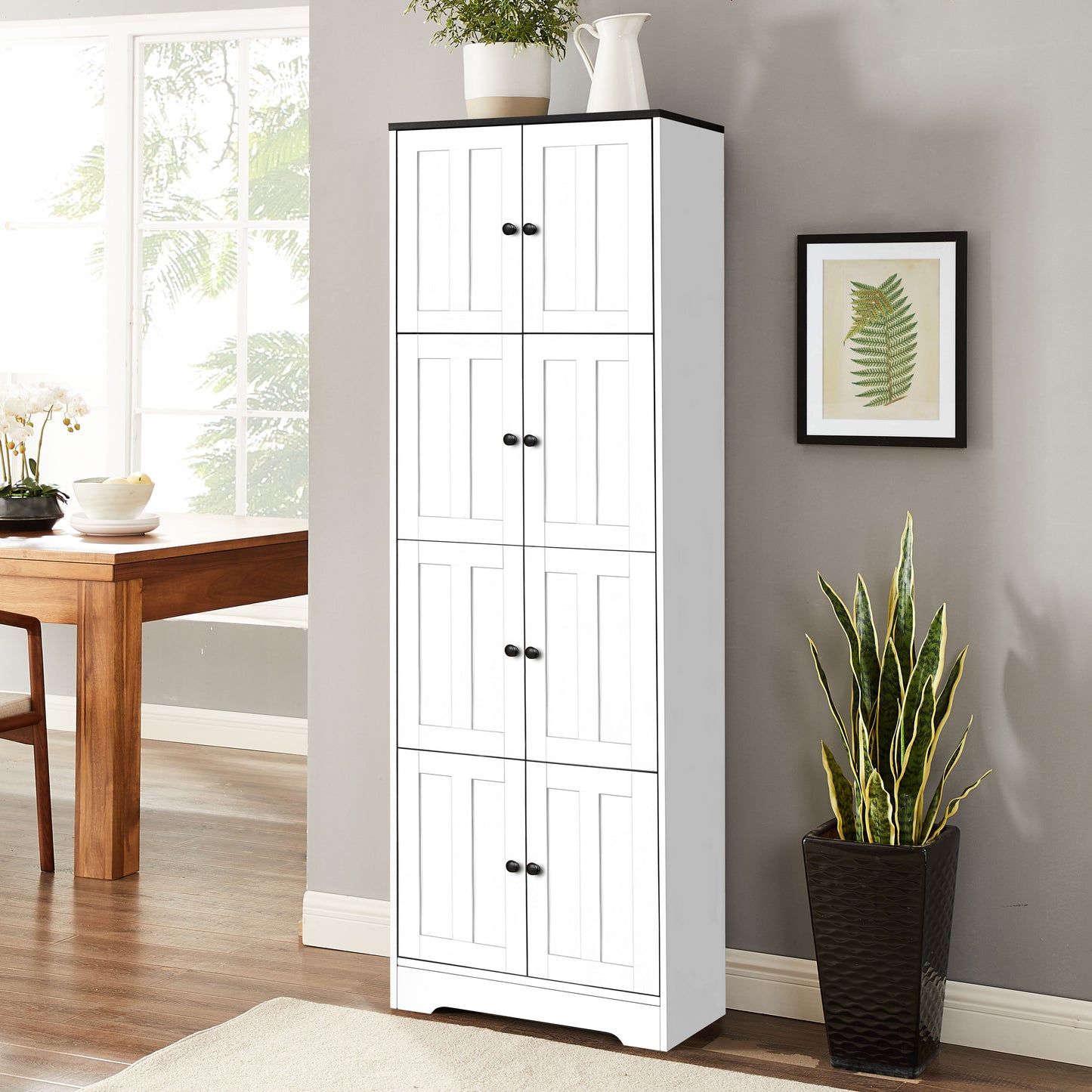 Tall Storage Cabinet With 8 Doors And 4 Shelves, Wall Storage Cabinet For Living Room, Kitchen, Office, Bedroom, Bathroom - White