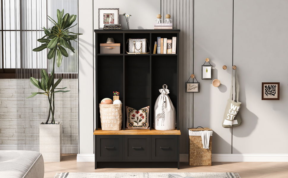 Modern Hall Tree With Entryway Bench, 3 Shelves And Drawers, Wide Hall Tree With Storage Bench For Hallway - Black