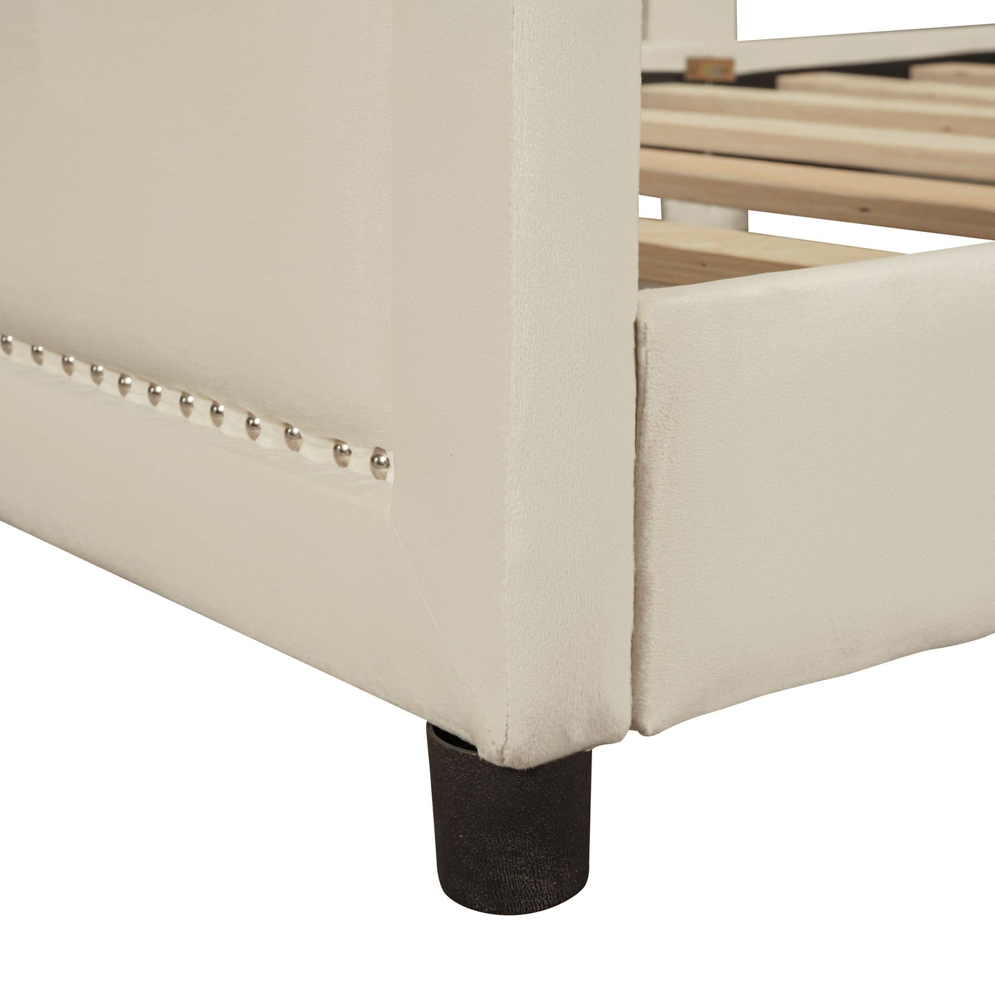 Twin Size Upholstered Daybed With Classic Stripe Shaped Headboard - Beige