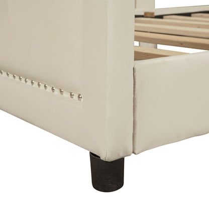 Twin Size Upholstered Daybed With Classic Stripe Shaped Headboard - Beige