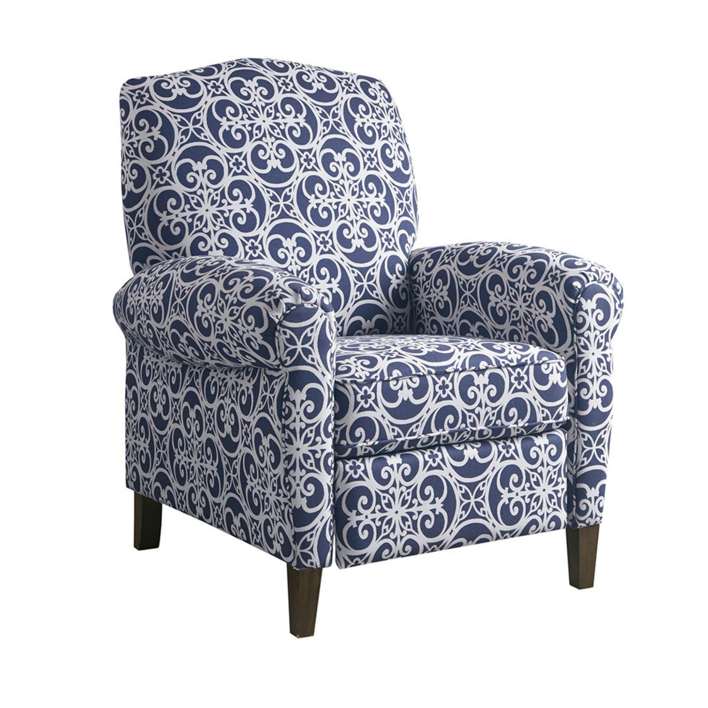Push Back Recliner Chair With Fretwork Pattern And Solid Wood Legs - Multicolor