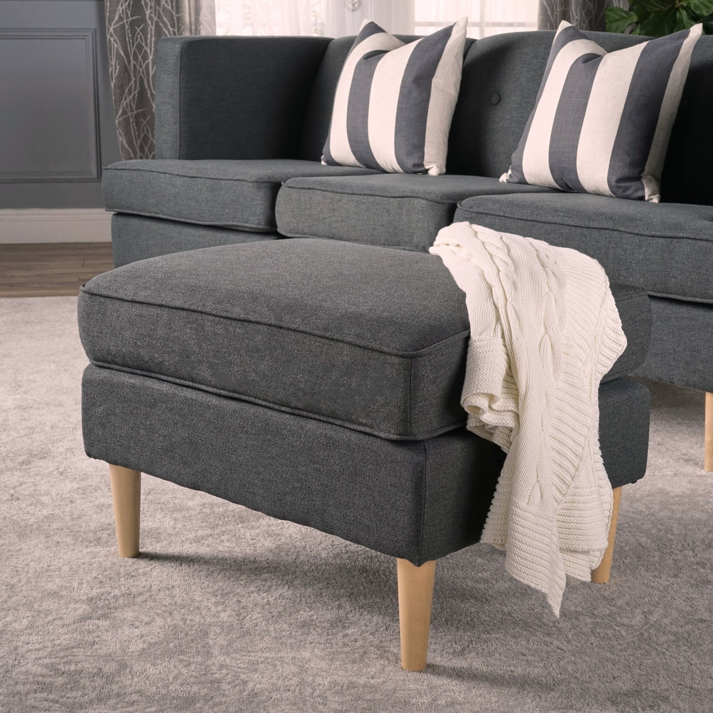 Upholstered Ottoman With Tapered Legs - Dark Gray