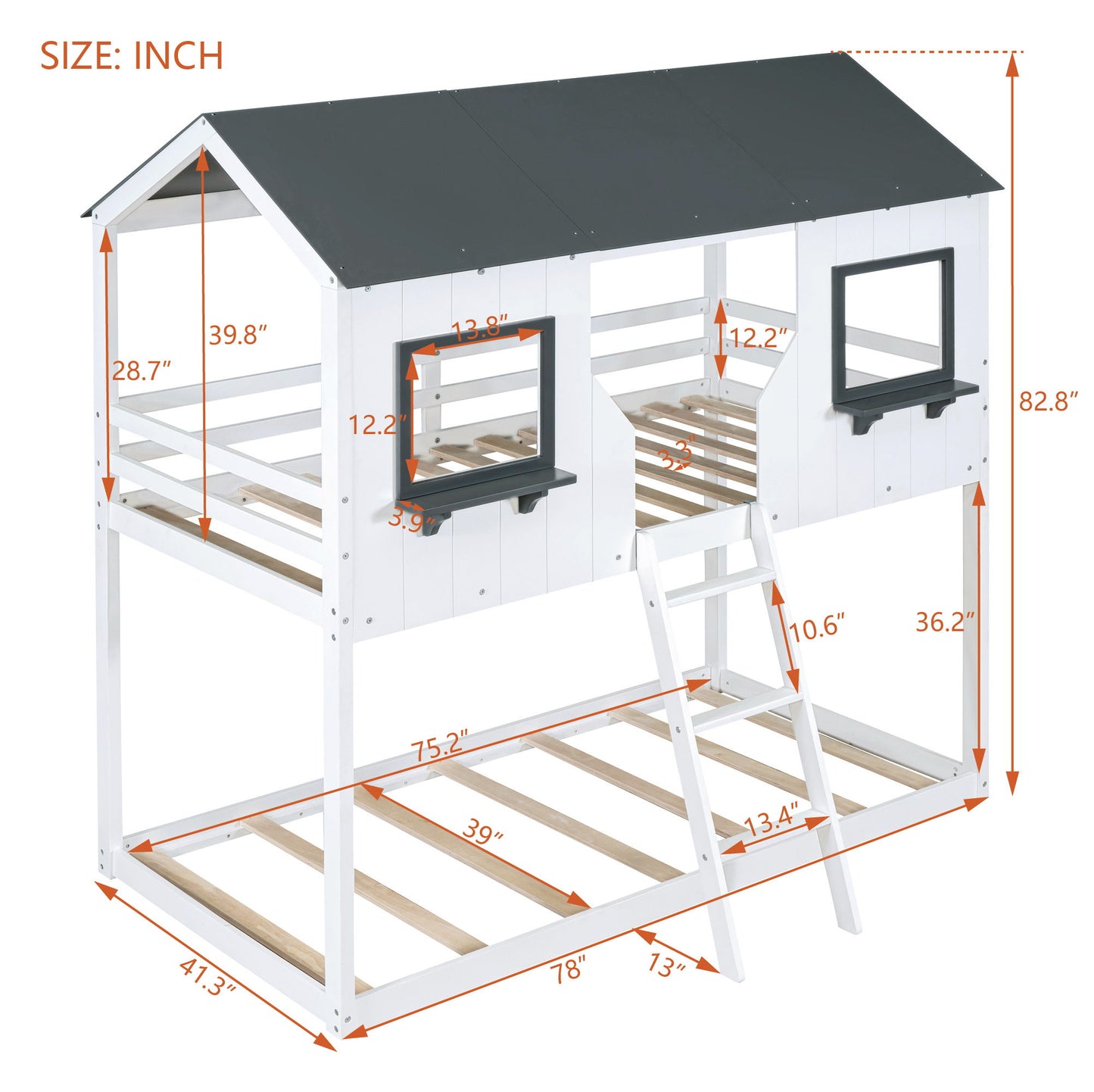 Twin Over Twin Bunk Bed Bed With Roof, Window, Guardrail, Ladder - White