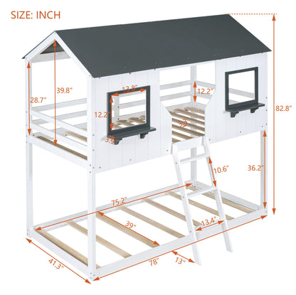 Twin Over Twin Bunk Bed Bed With Roof, Window, Guardrail, Ladder - White