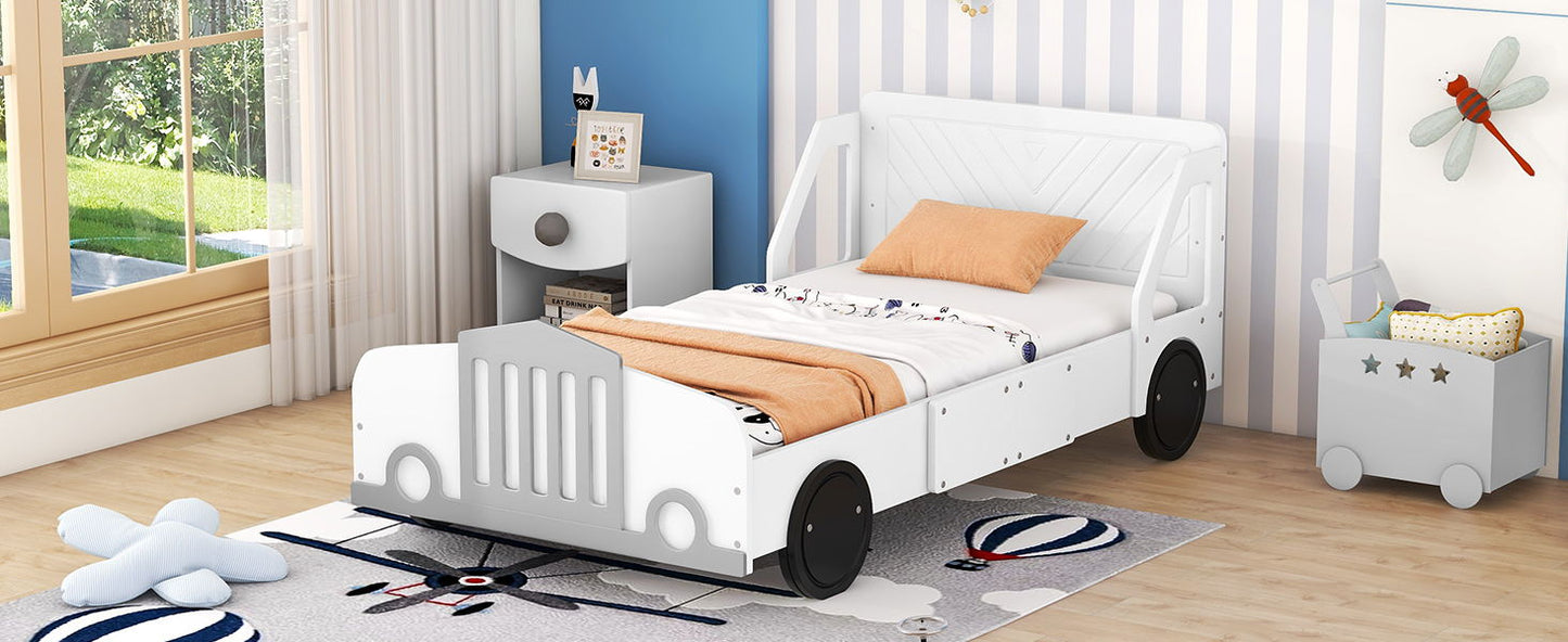 Twin Size Car Shaped Platform Bed With Wheels - White