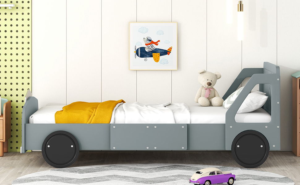 Twin Size Car Shaped Platform Bed With Wheels - Gray