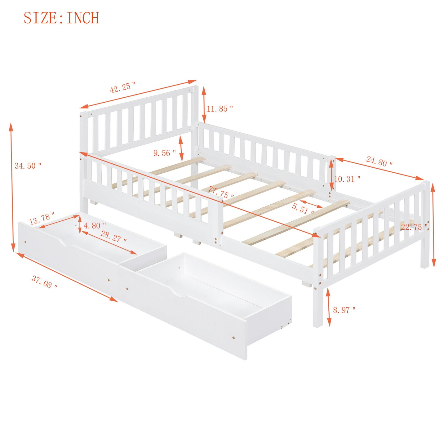 Twin Size Platform Bed With Guardrails On Both Sides And 2 Storage Drawers - White