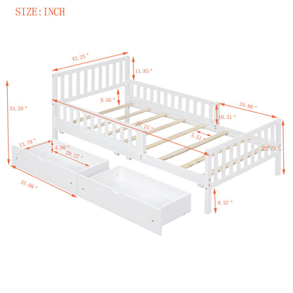 Twin Size Platform Bed With Guardrails On Both Sides And 2 Storage Drawers - White