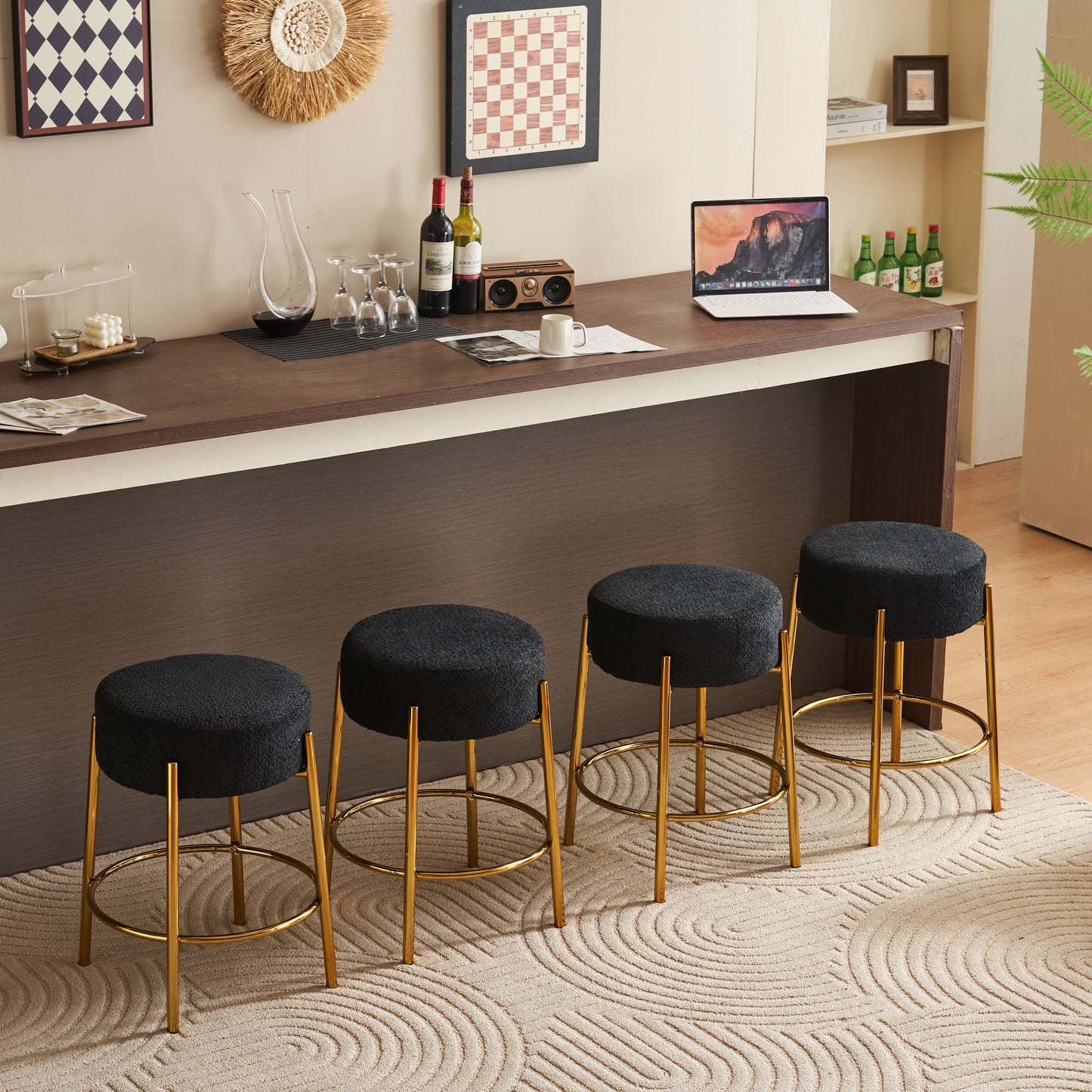 Round Bar Stools (Set of 2), Contemporary Upholstered Dining Stools For Kitchens, Coffee Shops And Bar Stores - Black / Gold