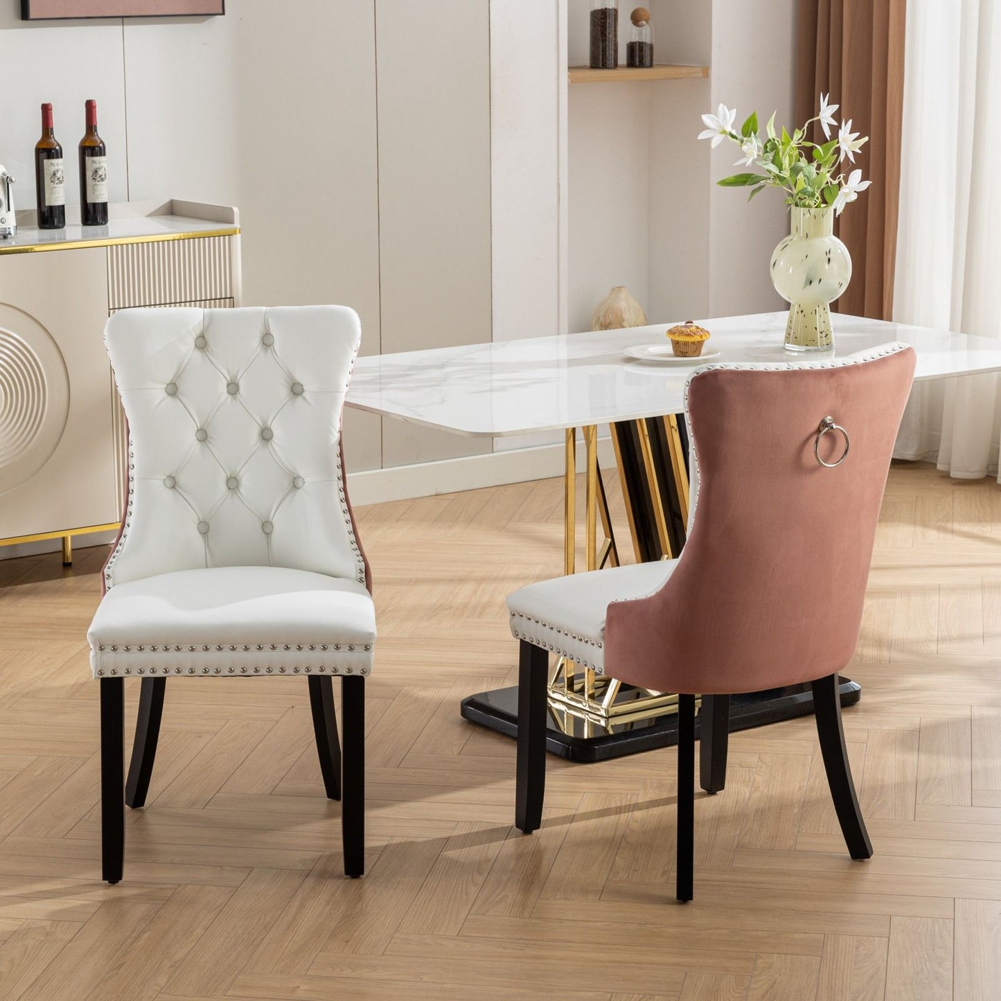 Nikki - Modern, High-End Tufted Solid Wood Contemporary And Velvet Upholstered Dining Chair With Wood Legs Nailhead Trim (Set of 2) - White / Pink